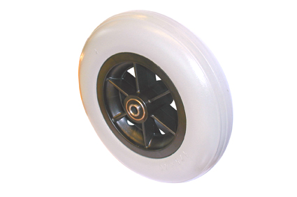 Wheel with PU band grey, Ø125x32mm, line profile, plastic rim black, 6 spokes, no brakes, hublength 40 mm, ball bearing (2x), not deeped, for axle 8 mm