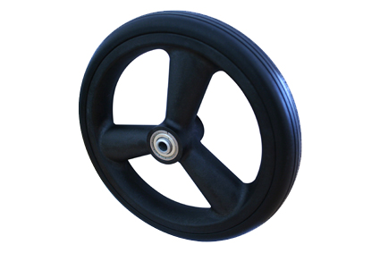 Wheel with PU tyre black, Softroller Ø200x32, line-groove profile, black plastic rim, 3 spokes, no break, hublength (Forkwidth) 45mm, ballbearing 2 x Ø8mm