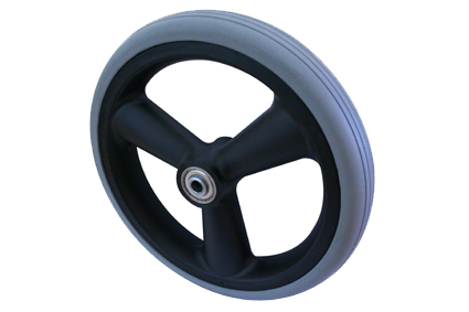 Wheel with PU tyre grey, Softroller Ø200x32, line-groove profile, black plastic rim, 3 spokes, no break, hublength (Forkwidth) 45mm, ballbearing 2 x Ø8mm