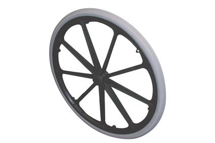 Wheel with PU tyre grey, 24 x 1 3/8 (37-540), fishbone profile, plastic rim black, 9 spokes, no brakes hublength 60/50mm, afdekkap, ball bearings 2x Ø12,7mm, deeped