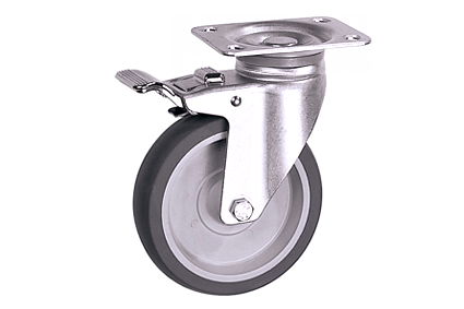 Swivel castor, Ø100 mm, extra strong, grey TPR-tyre grey rim, galvanized fork BH 135 mm, plate 77x67 mm, insert size 46,5/46,5 x 51,5/61,5 mm, BG 8,5 mm, DrVm 80 kg, double brake