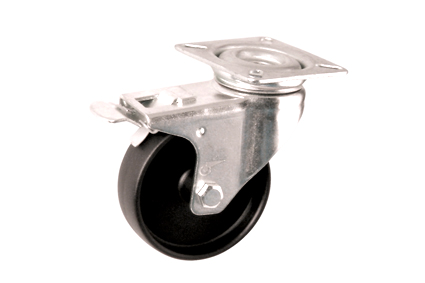 Swivel castor, Ø50x19 mm, black polyamide wheel, galvanized fork BH 71 mm, plate 60x60 mm, distance between holes 38/38 x 49/46 mm, BG 6 mm, DrVm 40 kg, double brakes