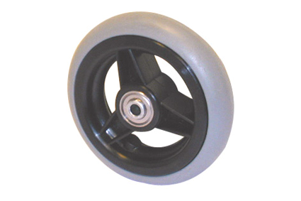 Wheel with rubber tyre grey, Ø100x29 mm, slick profile, black plastic rim, 3 spokes no brakes, hublength (forkwidth) 36 mm, ball bearing 2x Ø8 mm, not deeped