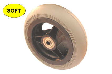 Wheel with Soft rubber tyre grey, 70 degrees Shore, Ø140x37, slick  profile, black plastic rim, 5 spokes, no brakes, hublength (Forkwidth) 45mm, ball bearing 2x Ø8mm, not deeped