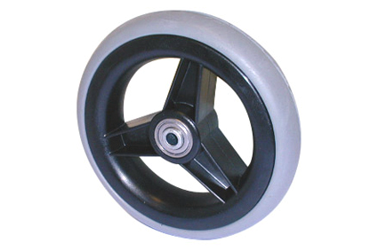 Wheel with rubber tyre grey, Ø150x30, slick  profile, black plastic rim, 3 spokes no brakes, hublength (Forkwidth) 36mm, ball bearing 2x Ø8mm, not deeped