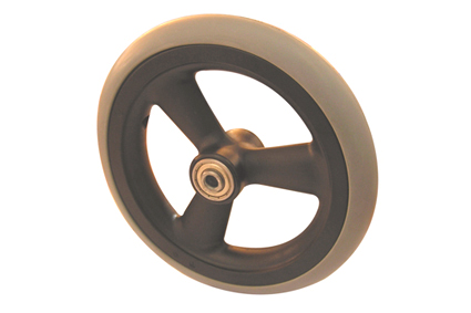 Wheel with rubber tyre grey, Ø175x30, slick  profile, black plastic rim, 3 design spokes no brakes, hublength (Forkwidth) 45mm, ball bearing 2x Ø8mm,  not deeped