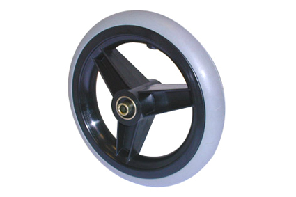 Wheel with rubber tyre grey, Ø175x30, slick  profile, black plastic rim, 3 spokes no brakes, hublength (Forkwidth) 60mm, ball bearing 2x Ø8mm, not deeped