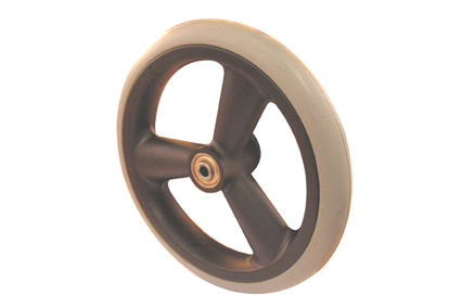 wheel met rubber band grey, Ø200x30, slick profile, black plastic rim, 3 hollow spokes no brakes, hublength (Forkwidth) 45mm, ball bearing 2x Ø8mm,  not deeped