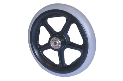 Wheel with rubber tyre grey, Ø200x30, slick  profile, black plastic rim, 5 spokes no brakes, hublength (forkwidth) 45 mm, ball bearing 2x Ø8 mm, not deeped
