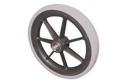 Wheel with rubber tyre grey, Ø200x33, slick profile, black plastic rim, 7 spokes no brakes, hublength (Forkwidth) 60mm, ball bearing 2x Ø6mm, alternatif Etac wheel, not deeped