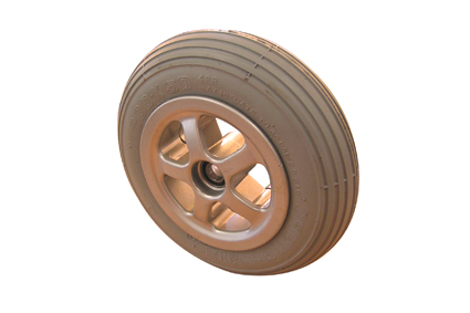 Wheel, PU insert, grey, Ø200x50 mm (8x2), line profile, rim alu painted, 2 parts design, no brake, hublength 60/51 mm, ball bearing (2x), deeped, one site suspended, for axle Ø12 mm, with cap