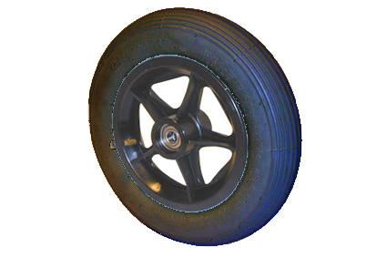 Wheel, pneumatic tyre, black, 10 x 2 (Ø250x50), line profile, black plastic rim, 5 spokes without brake, hublength 54/47mm, ball bearing (2x), not deeped, for axle 12mm