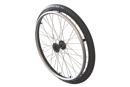 Spoked wheel 24x1 (25-540) high flange hub black, ball bearing 12,7 mm, rim doublewall black, pushri Schwalbe Marathon Plus black, tube AV valve, 36 spokes stainless steel crossed spoked, pushrim short