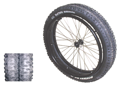 Offroad double wheel for snow 24x2.00 (507) hub alu black, ball bearing 12 mm, 2 x rim black, pushri 6 points 2x Schwalbe big block profile (62-507), 36 spokes stainless steel, AV, hublength 63/54 mm