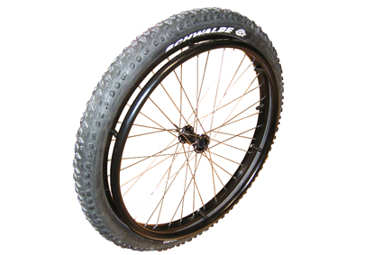 Offroad snow and sand 24x2.10 (54-507) hub alu black, ball bearing 12 mm, rim black, pushrim alu bla tyre Schwalbe rough block profile, black, size 24 x 2.10 (54-507), 2-4 Bar, Puncture Proof, stainles