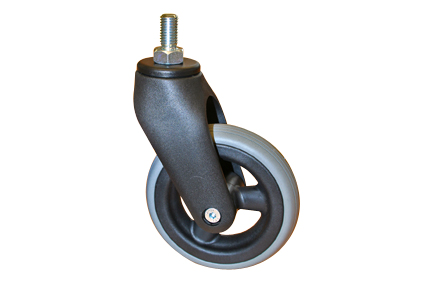 Castor fork black PA + fibreglass, incl wheel Ø125x30/45mm, 2 ball bearings in top of fork, M14 bolt brand Laflor, wheel with grey PU tyreband, Ø125x30/45, line profile, 3 hollow spokes black