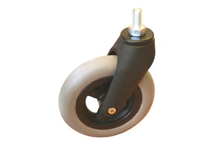 Castor fork black PA + fibreglass, incl wheel Ø150x30/45mm, 2 ball bearings in top of fork, M14 bolt brand Laflor, wheel with grey PU tyre, 6 x 1¼ (Ø150x30/45), slick profile, 3 hollow spokes black