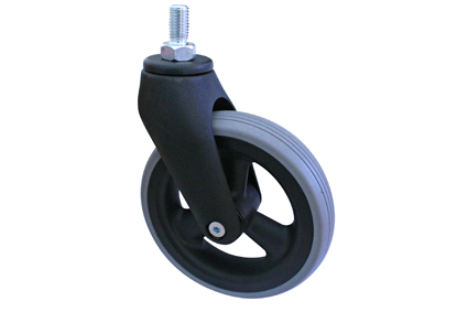 Castor fork black PA + fibreglass, incl wheel Ø150x32/45mm, 2 ball bearings in top of fork, M14 bolt wheel with grey PU tyre, 6 x 1¼ (Ø150x32/45), slick profile, 3 spokes black
