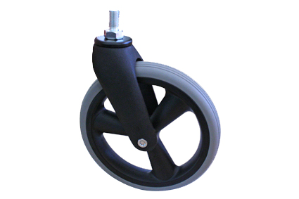 Castor fork black PA + fibreglass, incl wheel Ø200x35/46mm, 2 ball bearings in top of fork, M14 bolt wheel with grey PU tyre, 8 x 1¼ (Ø200x35/46), slick profile, 3 spokes black