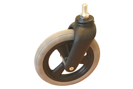 Castor fork black PA + fibreglass, incl wheel Ø200x30/46mm, 2 ball bearings in top of fork, M14 bolt brand Laflor, wheel with grey PU tyre, 8 x 1¼ (Ø200x30/45), slick profile, 3 hollow spokes black