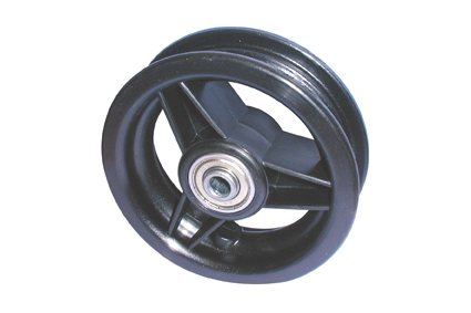 Rim, plastic, 3 spokes, black, for tyre 5 x 1 (Ø125x30) and 6 x 1¼ (Ø150x30) without brake, hub length 39 mm, ball bearing (2x), not deeped, for axle 8 mm