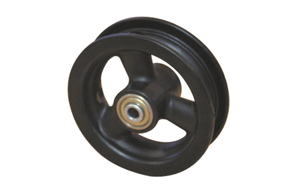 Rim, plastic, 3 hollow spokes, black, for tyre 5 x 1 (Ø125x30) and 6 x 1¼ (Ø150x30) without brake, hub length 45 mm, ball bearing (2x), not deeped, for axle 8 mm