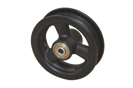 Rim, plastic, 3 hollow spokes, black, for tyre 5 x 1 (Ø125x30) and 6 x 1¼ (Ø150x30) without brake, hub length 36 mm, ball bearing (2x), not deeped, for axle 8 mm