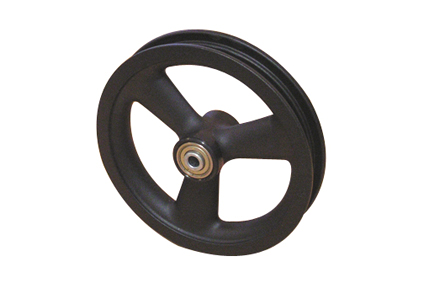Rim, plastic, 3 hollow spokes, black, for tyre 8 x 1¼ (Ø200x30) without brake, hub length 45 mm, ball bearing (2x), not deeped, for axle 8 mm