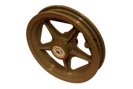 Rim, plastic, 5 spokes, black, for tyre 8 x 1¼ (Ø200x30) without brake, hub length 38 mm, ball bearing (2x), not deeped, for axle 8 mm