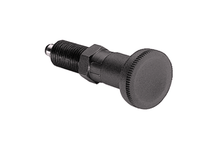 Indexing plunger, type 30, M10x1, pin d2 Ø5 mm, without locking nut, with double rest position Steel parts black galvanized, knob black thermoplastic, length complete L6: 51 mm